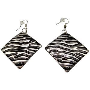 Earrings Striped Design Black Retro Geometric Statement Silver Tone SKU 2120